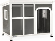 Outdoor Wooden Dog Kennel House w/ Roof, Windows, Curtain | 90x62x71cm
