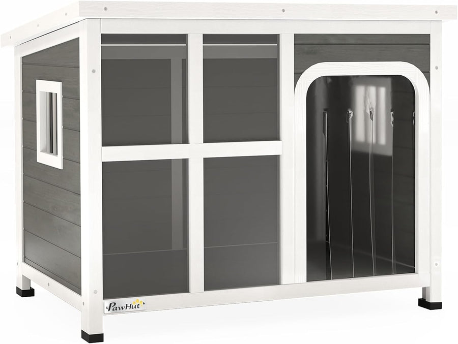 Outdoor Wooden Dog Kennel House w/ Roof, Windows, Curtain | 90x62x71cm