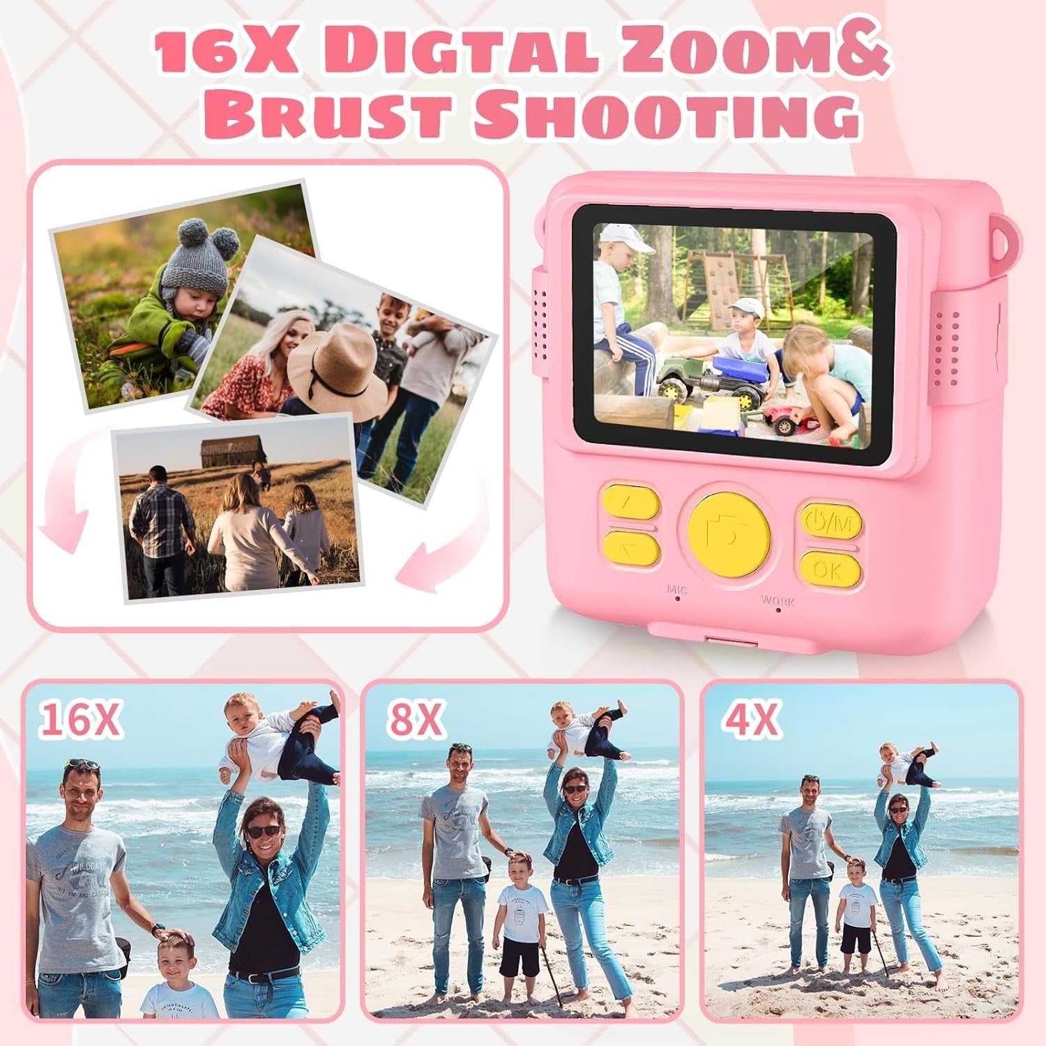 Kids Instant Print Camera Pink 1080P HD Toy Camera Gift for Girls 3–10 Years
