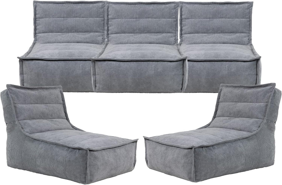 5pc Grey Cord Bean Bag Sofa Set | Large Lounge Chair Seating for Adults