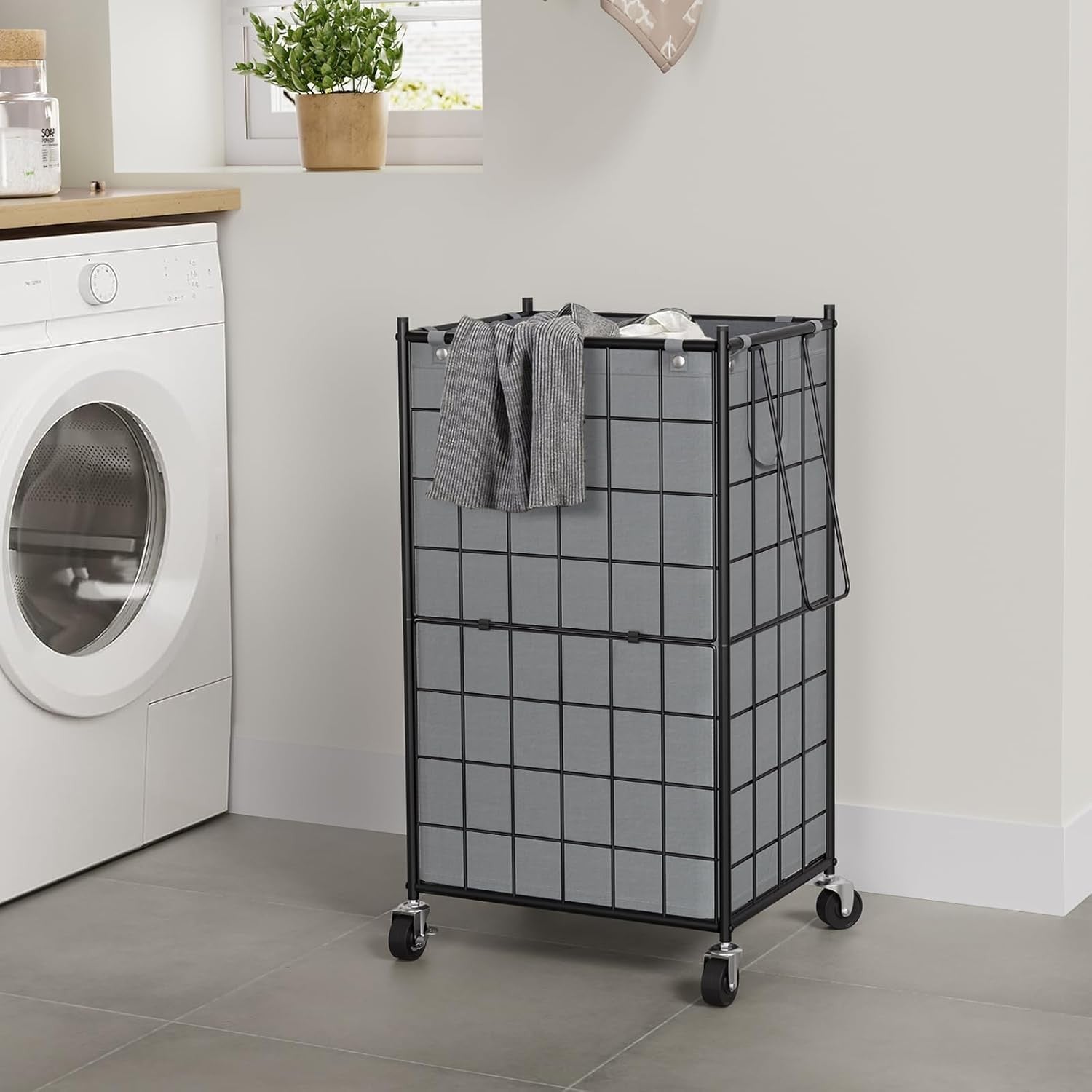 100L Rolling Laundry Hamper Grey Metal Frame with Wheels & Removable Bag
