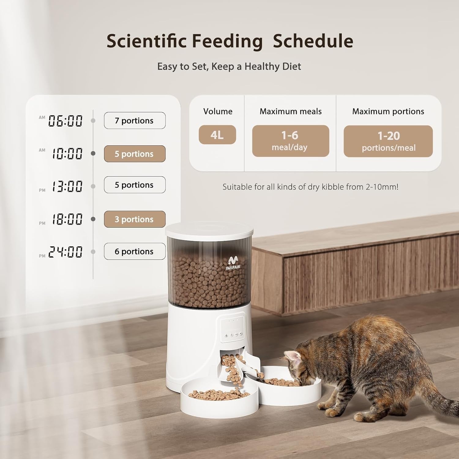 Dual Bowl Automatic Cat Feeder WiFi App Control 4L Timed Food Dispenser