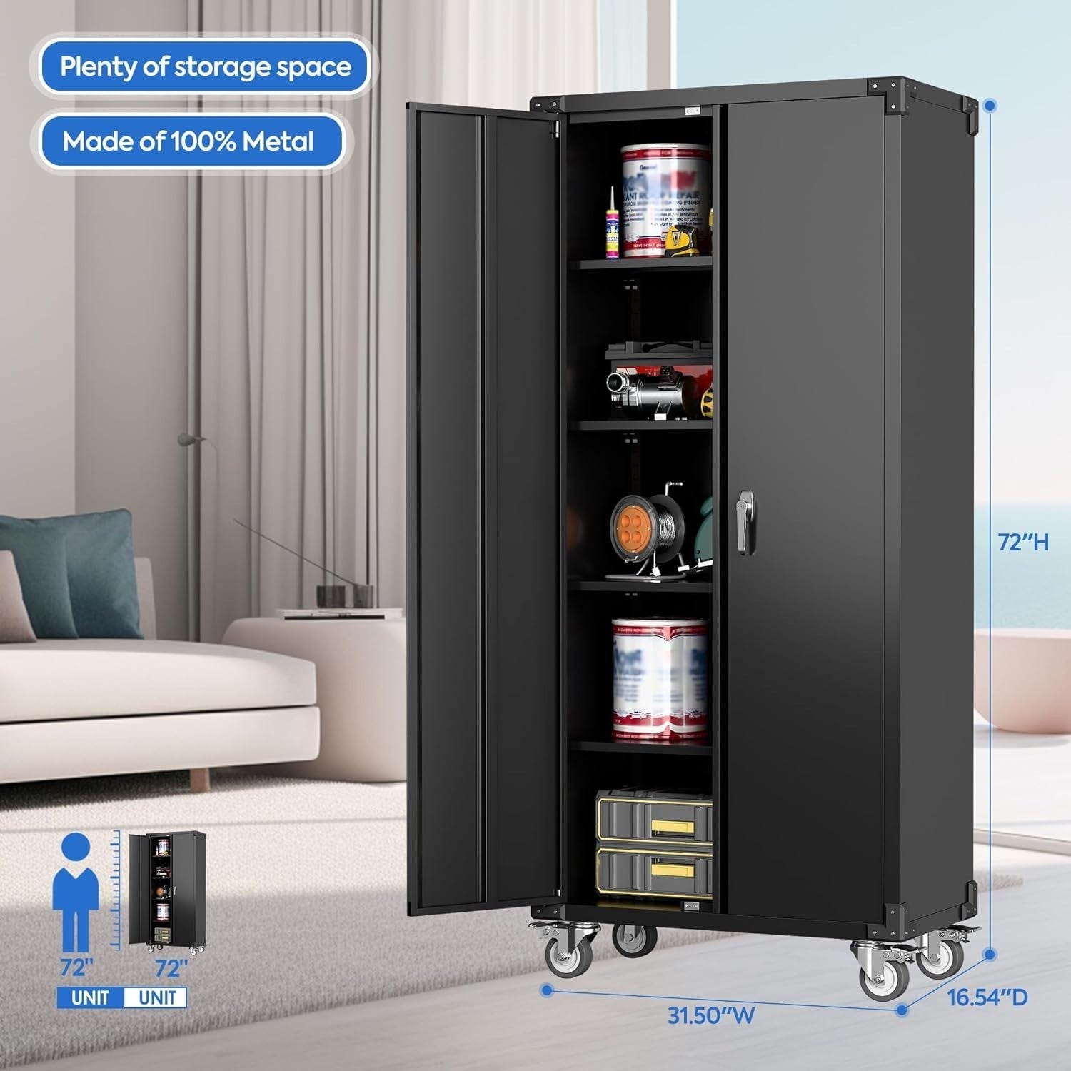Heavy Duty 2-Door Metal Storage Cabinet with Wheels & Lock, 183cm Tall