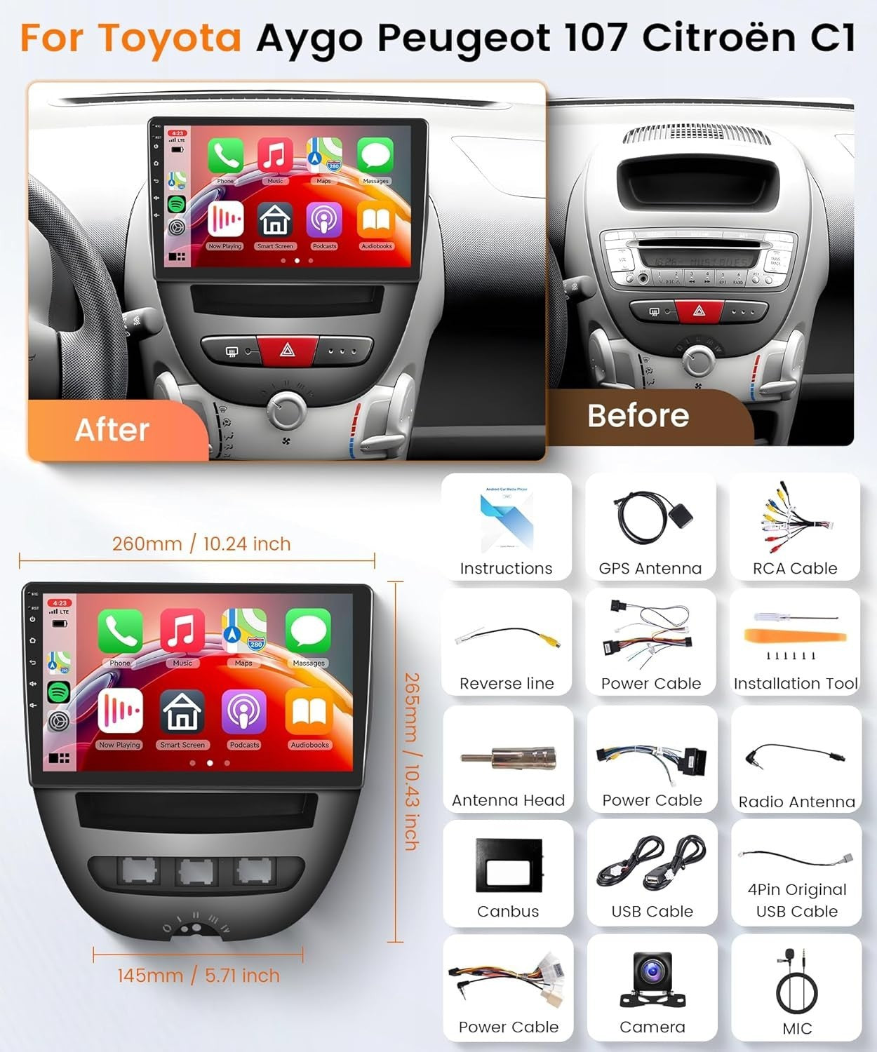 10.1" Android Car Stereo Citroen C1 Peugeot 107 Toyota Aygo GPS BT