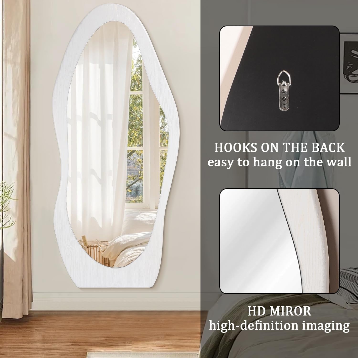 Wavy Full Length Wall Mirror 150x60cm White Wood Frame for Bedroom Hall