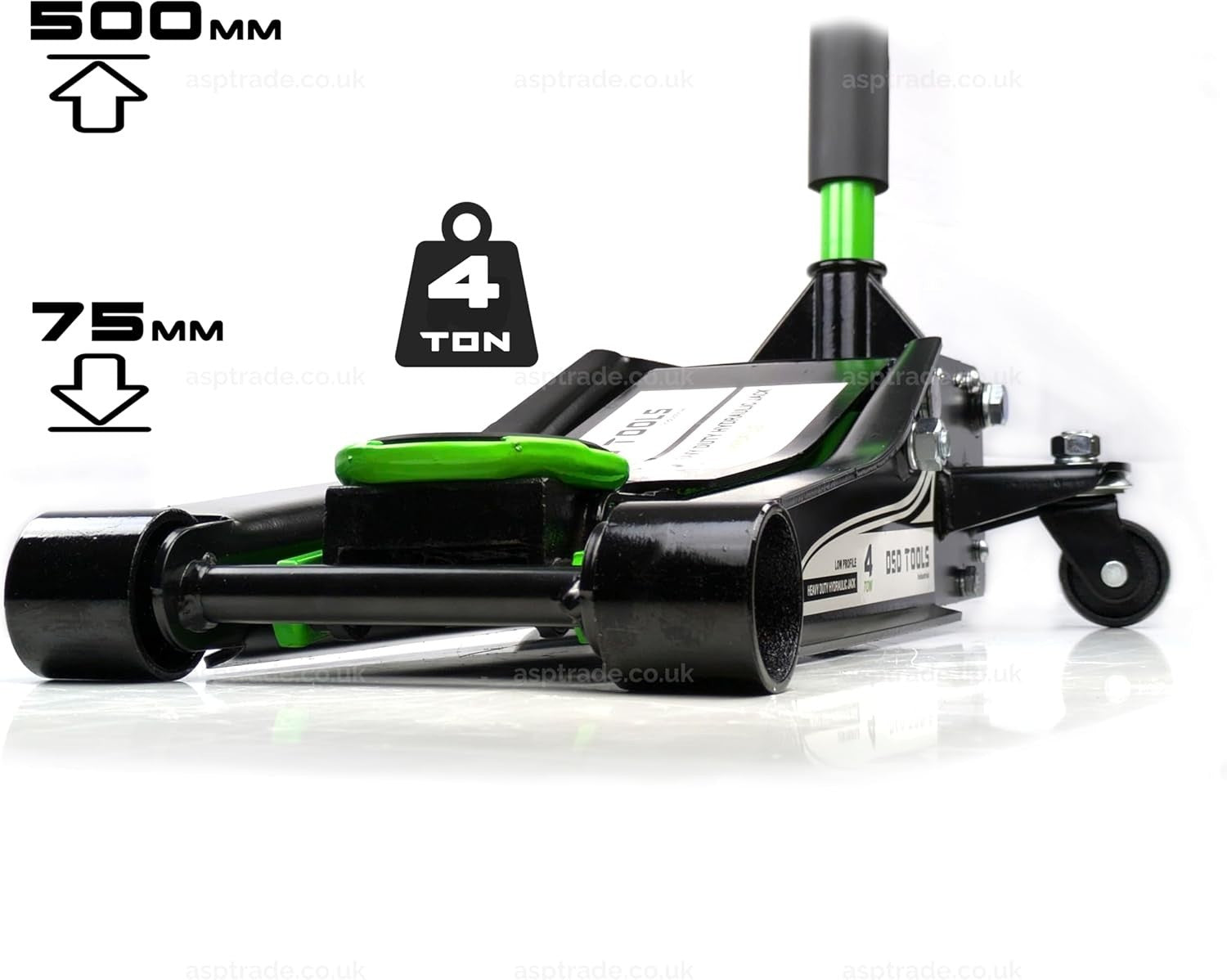 4 Ton Low Profile Trolley Jack Heavy Duty Car Lift 75–500mm Rocket Lift Green