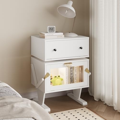 White LED Nightstand for Kids Bedroom with Rotating Drawer & Robot Design