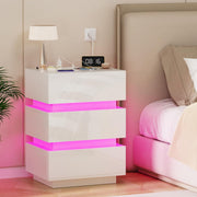 White LED Bedside Table with Power Socket, RGB Lights & 3 Drawers – Modern