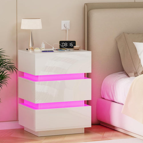 White LED Bedside Table with Power Socket, RGB Lights & 3 Drawers – Modern