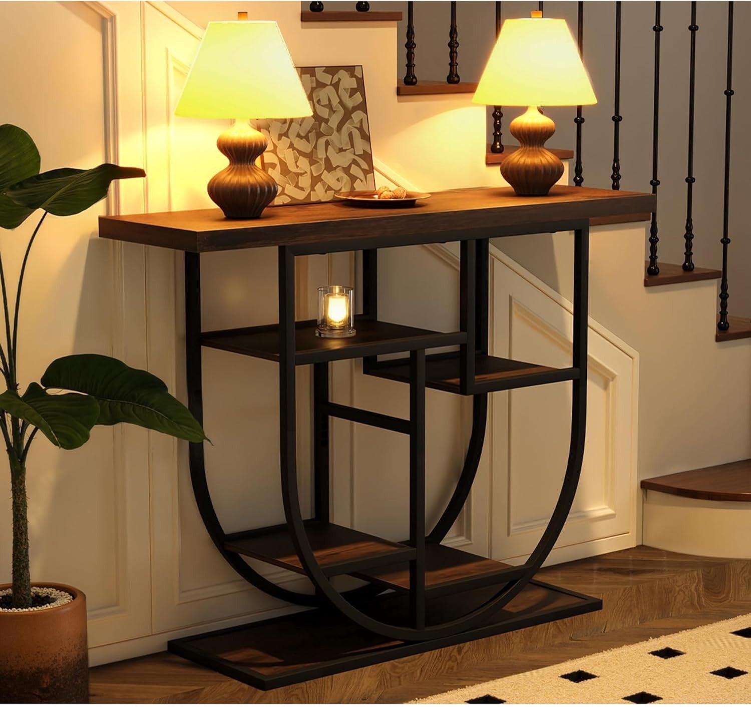 Narrow Rustic Console Table with Storage Shelves & Metal Frame 103cm