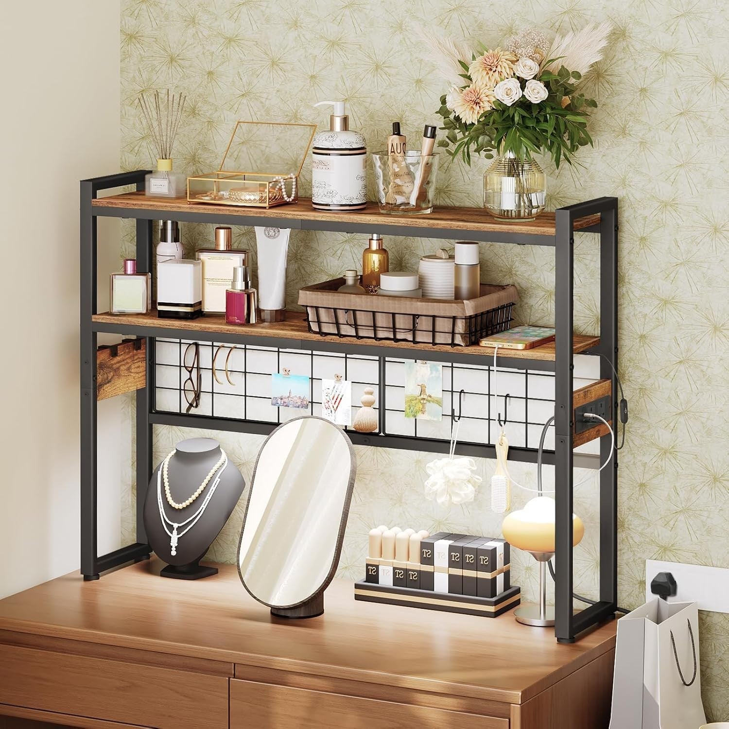 76cm Rustic Desk Hutch – 2-Tier Desktop Bookshelf w/ Outlets & LED Lighting