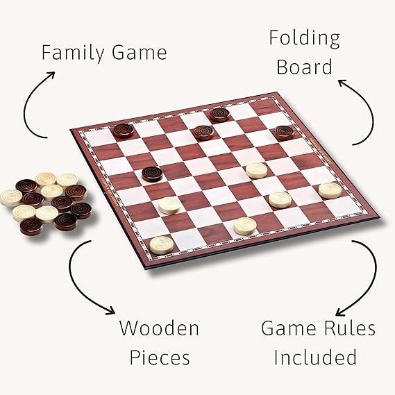 12" Foldable Draughts & Checkers Board | Wooden & Paper Game Set | Classic