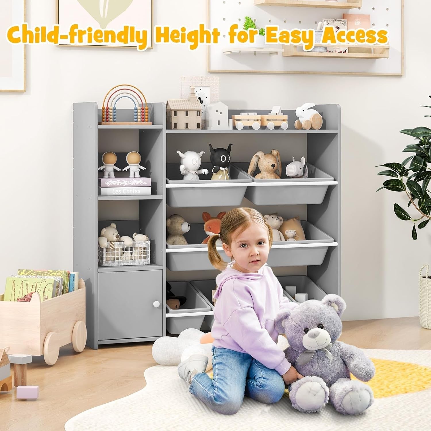 4 Tier Kids Toy Storage Unit with Bins Bookshelf & Cabinet Grey 112x30x100cm