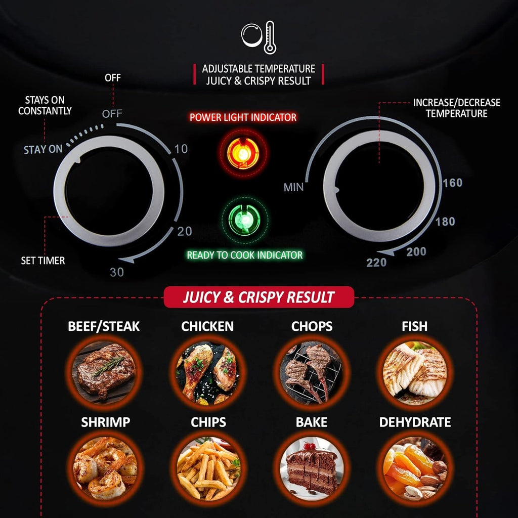 4.2L Air Fryer 220°C Manual Temp Control 30min Timer Oil Free 1300W Black