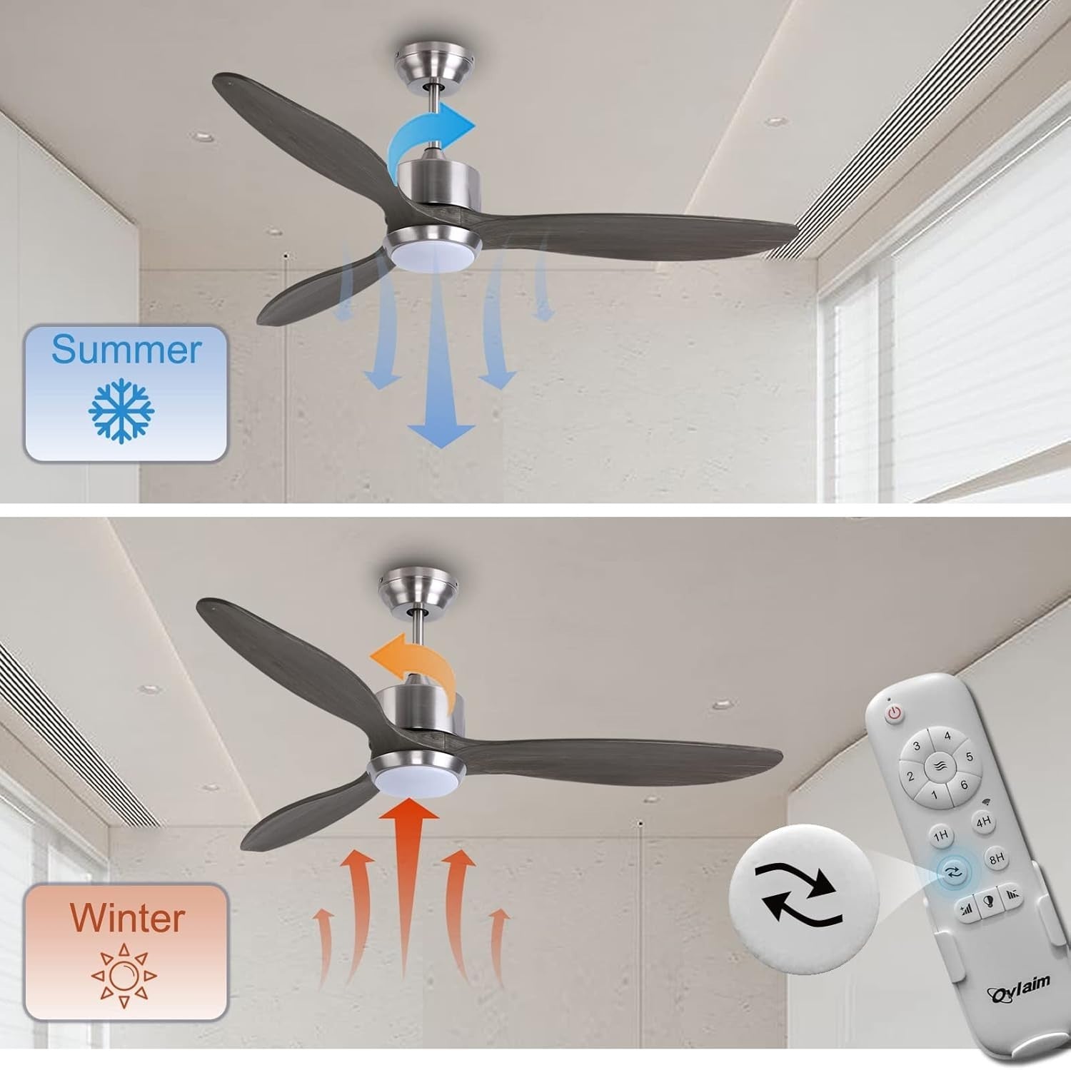Ovlaim 132cm Solid Wood Ceiling Fan with Light, Quiet DC Motor, Remote
