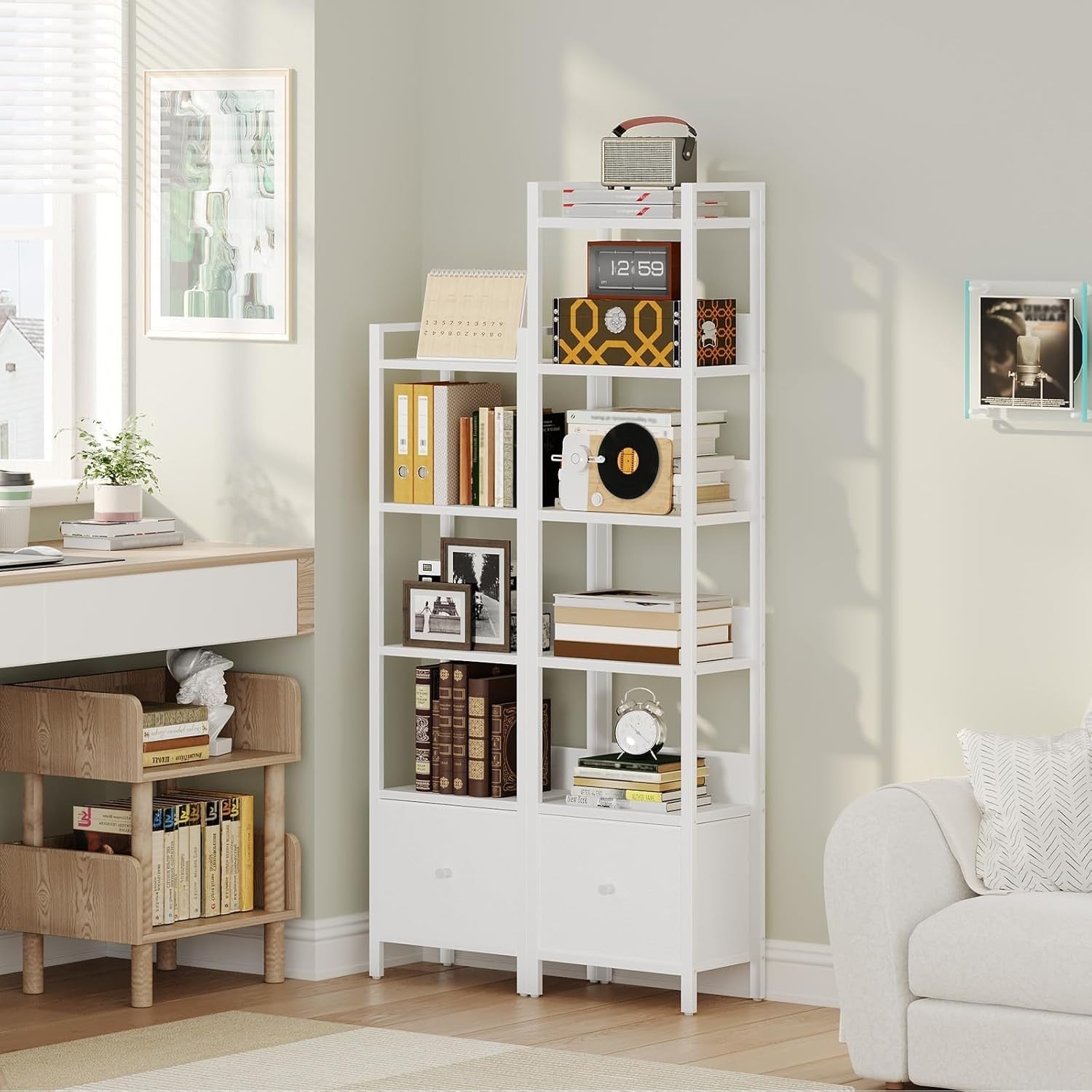 6 Tier Slim Bookshelf with Drawer Metal Frame Storage Rack for Small Spaces