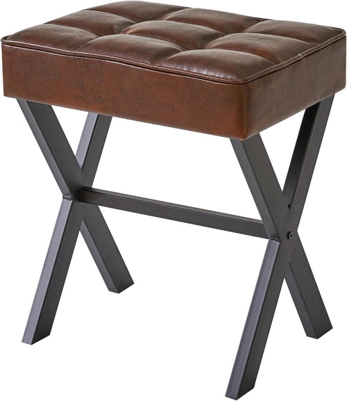 Square PU Makeup Stool with X-Leg Design – Compact Vanity Footrest (Dark Brown)