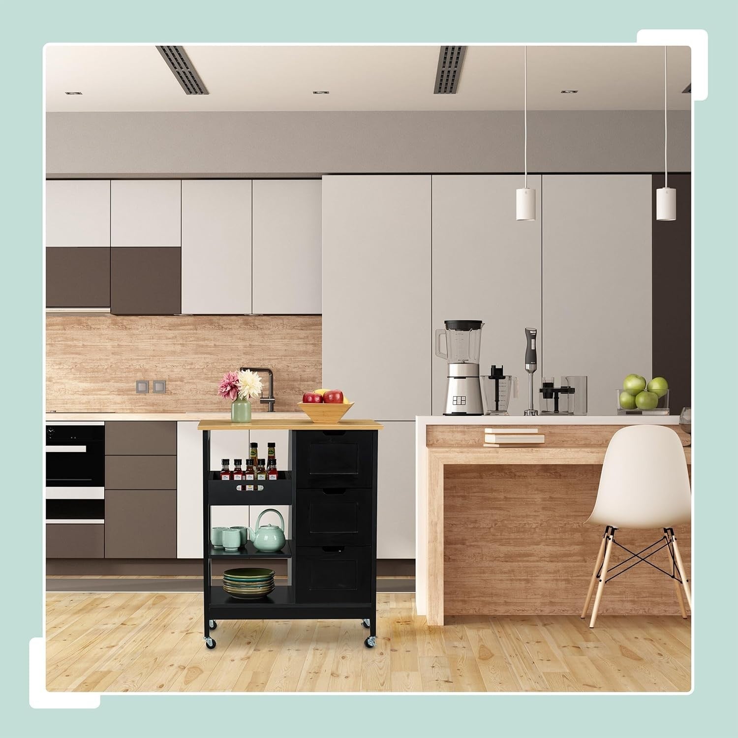 Rolling Kitchen Island Cart with 3 Drawers, Shelves & Wood Top, Grey/Natural