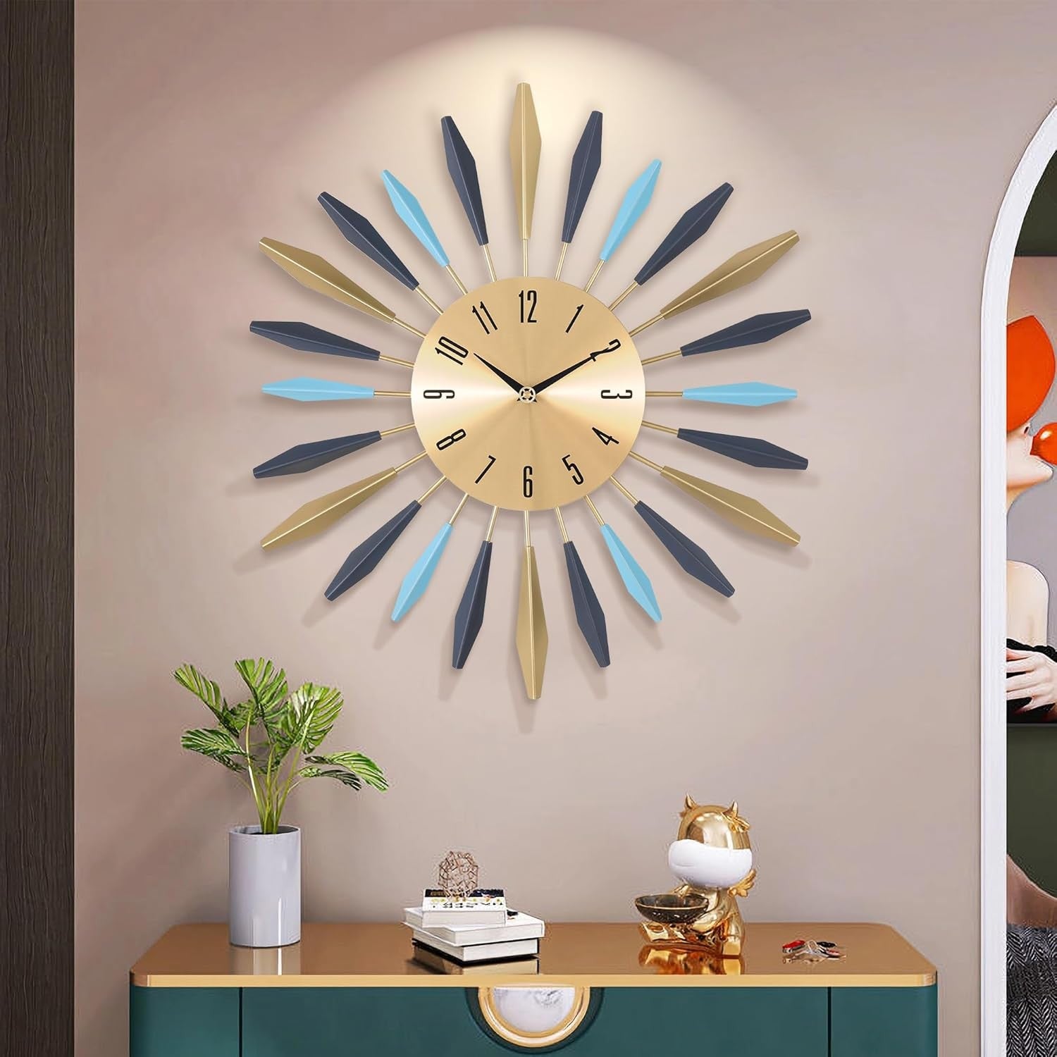 Large Metal Sunburst Wall Clock 56cm Modern Silent Decor Living Room Art