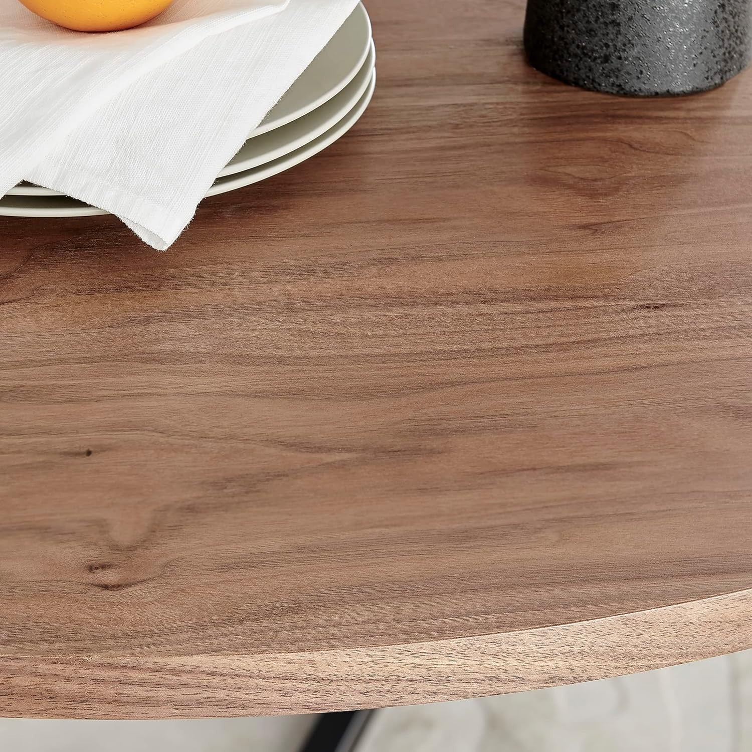 Round Dining Table Wood Veneer Black Metal Legs Modern Storage Shelf