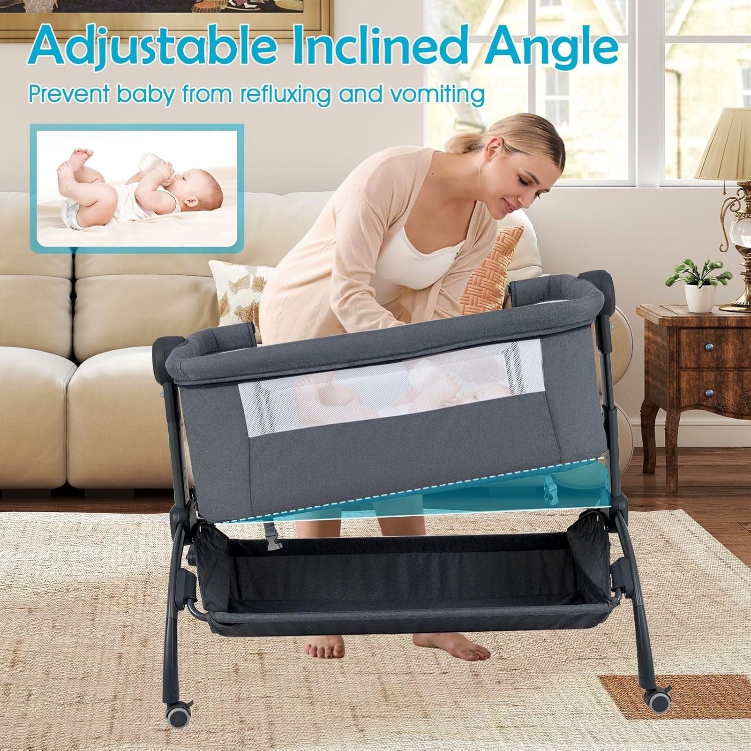 Baby Bedside Crib Adjustable Bassinet with Mattress Newborn Bedside Sleeper Grey