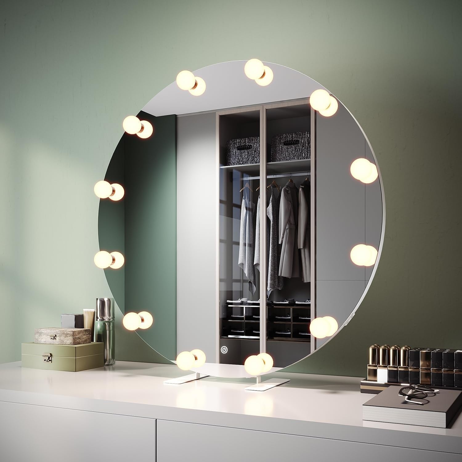 80cm Round Hollywood Vanity Mirror with 12 Dimmable LED Bulbs & Touch Control