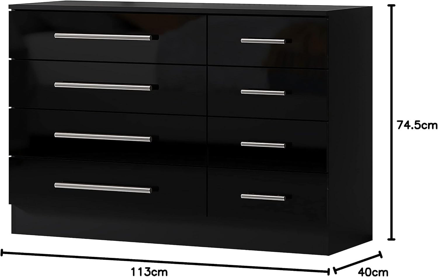 8 Drawer Black High Gloss Chest of Drawers Modern Bedroom Storage Cabinet