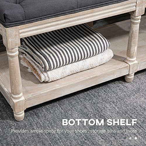 Grey Upholstered Bed End Bench with Shelf, Tufted Seat Storage Ottoman
