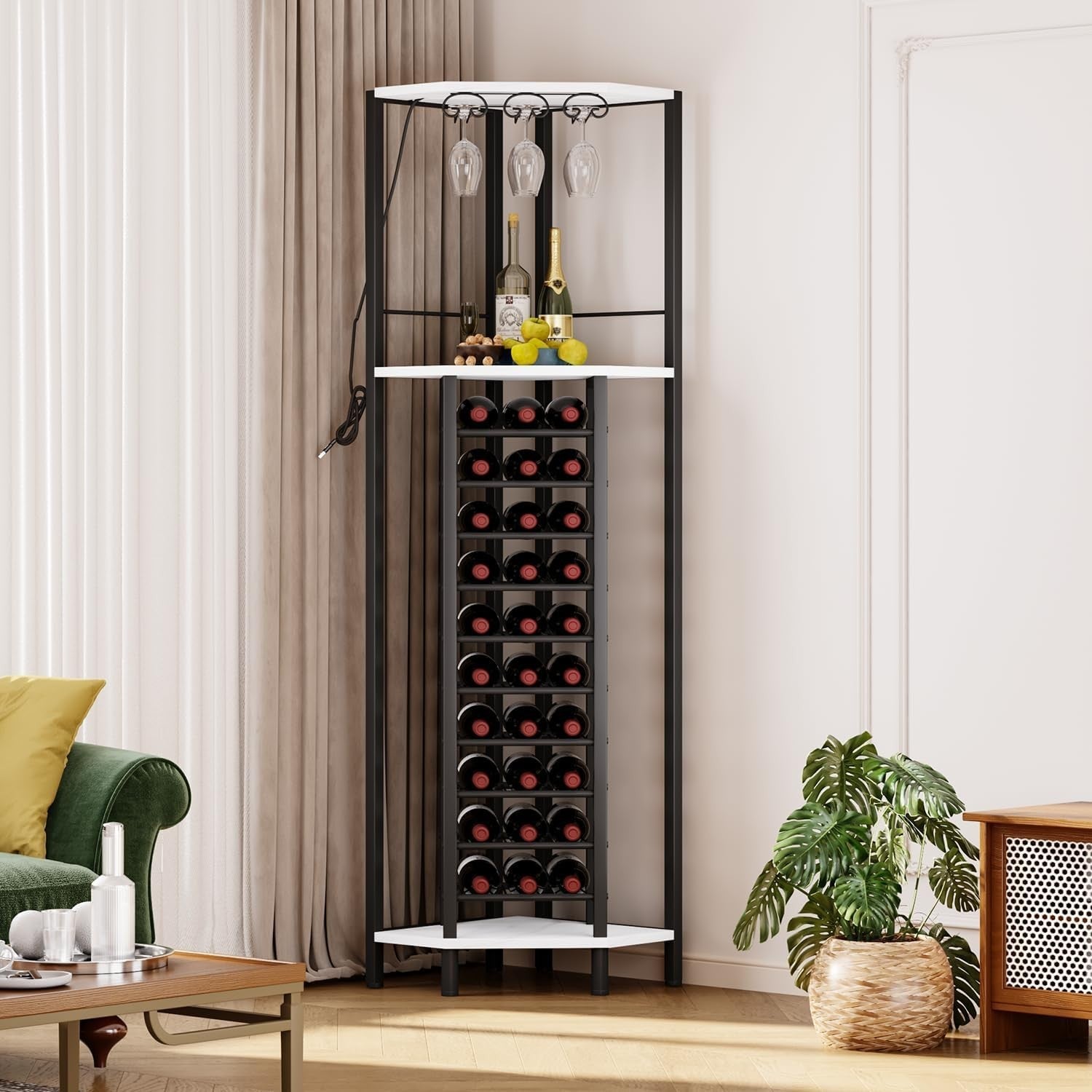 Corner Wine Bar Cabinet with LED Light, Glass Holder & 20 Bottle Storage Rack