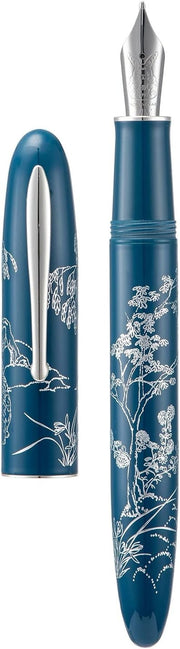 Extra Fine Fountain Pen Blue Metal Silver Trim Gift Box Set