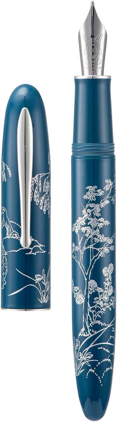 Extra Fine Fountain Pen Blue Metal Silver Trim Gift Box Set