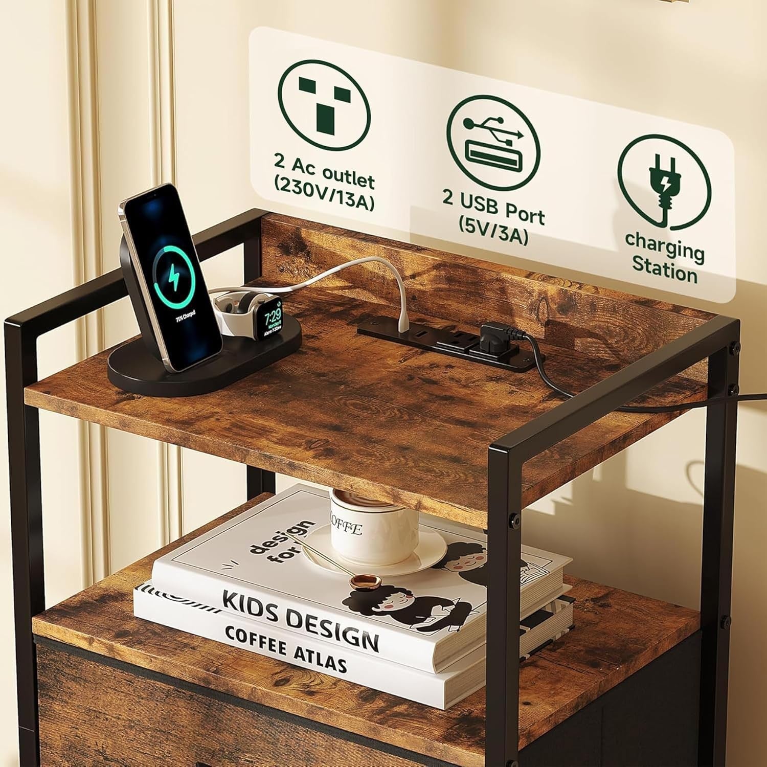 Tall Rustic Brown LED Bedside Table with Charging Ports 5-Drawer Storage Unit
