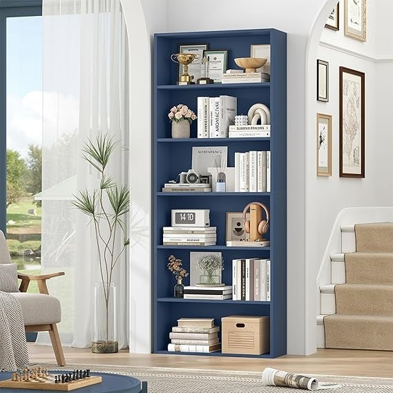 6-Tier Tall Bookshelf Blue Modern Display Storage Unit for Living Room Home