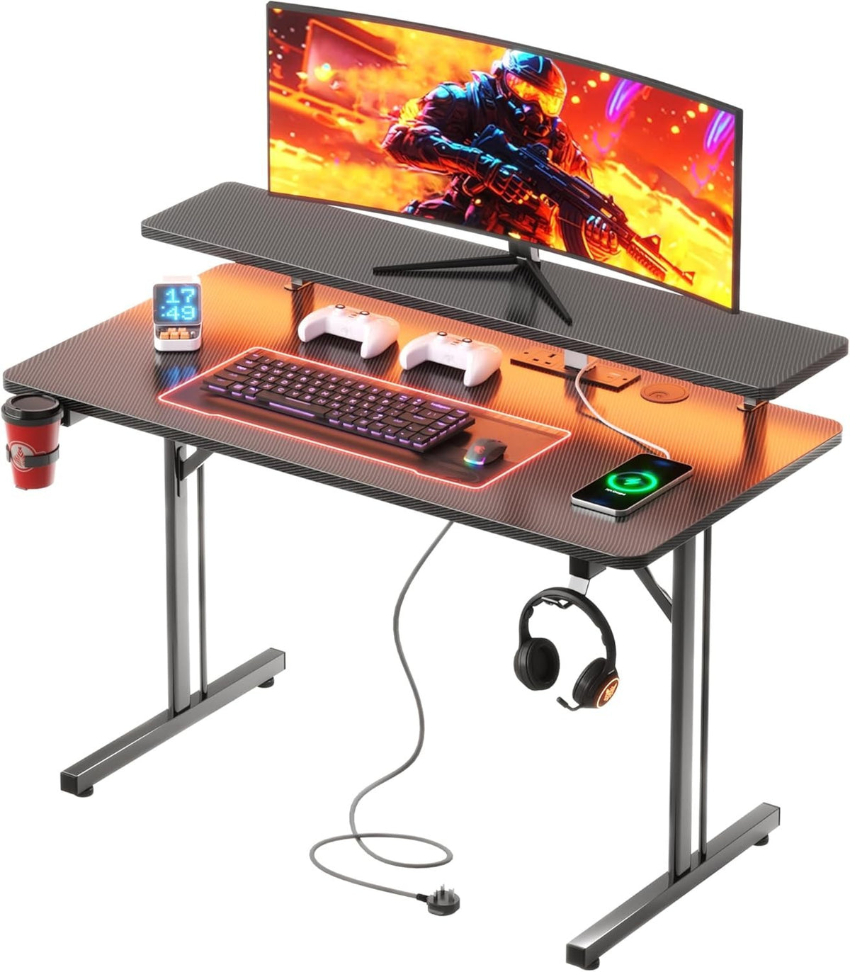 LED Gaming Desk with Power Outlets, Carbon Fiber Computer Table for Home Office