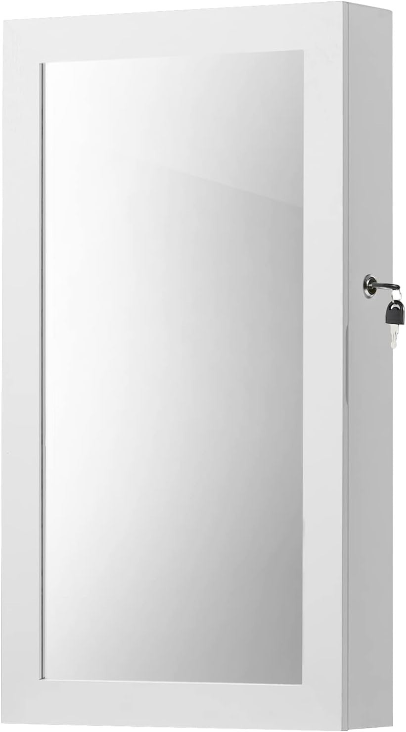 White & Black Mirrored Lockable Wall Mounted Jewelry Cabinet Organizer