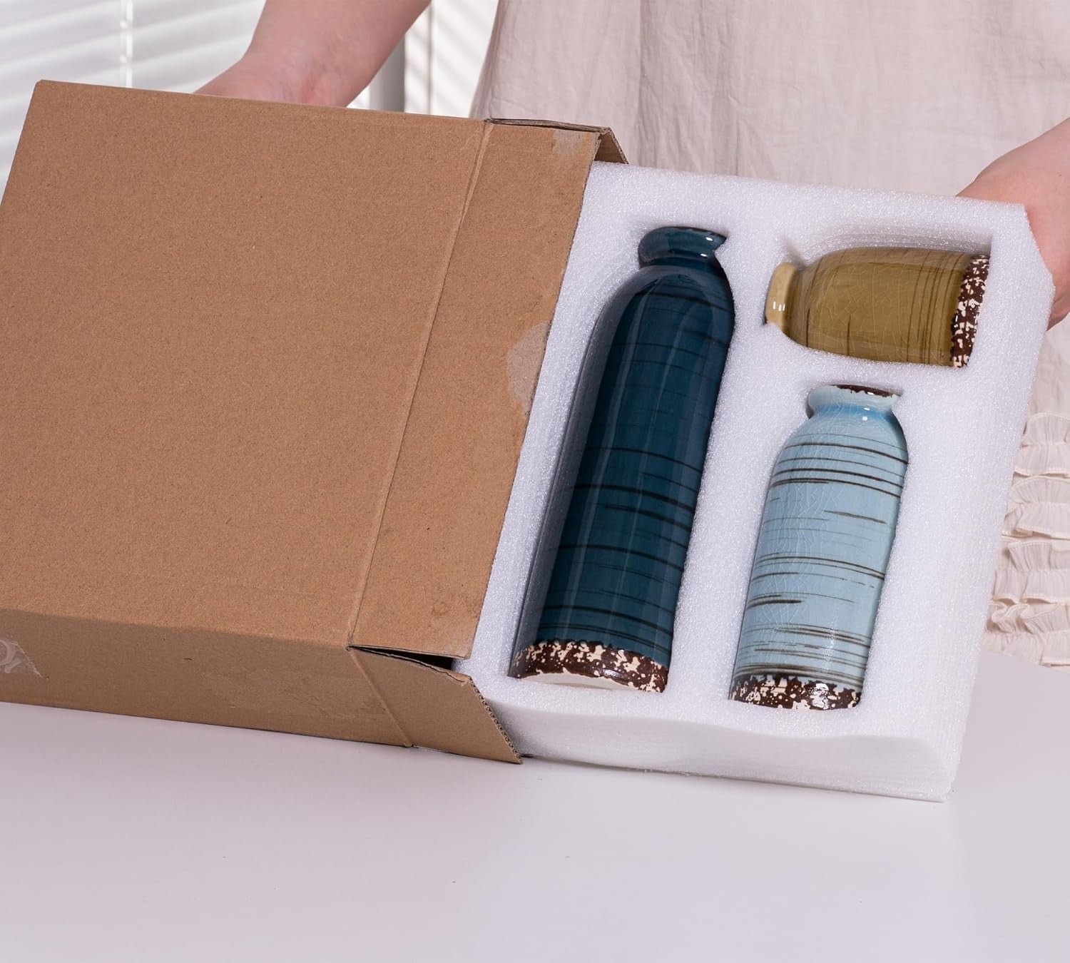 Blue Ceramic Vase Set of 3 Farmhouse Pampas Grass Vases Home Decor