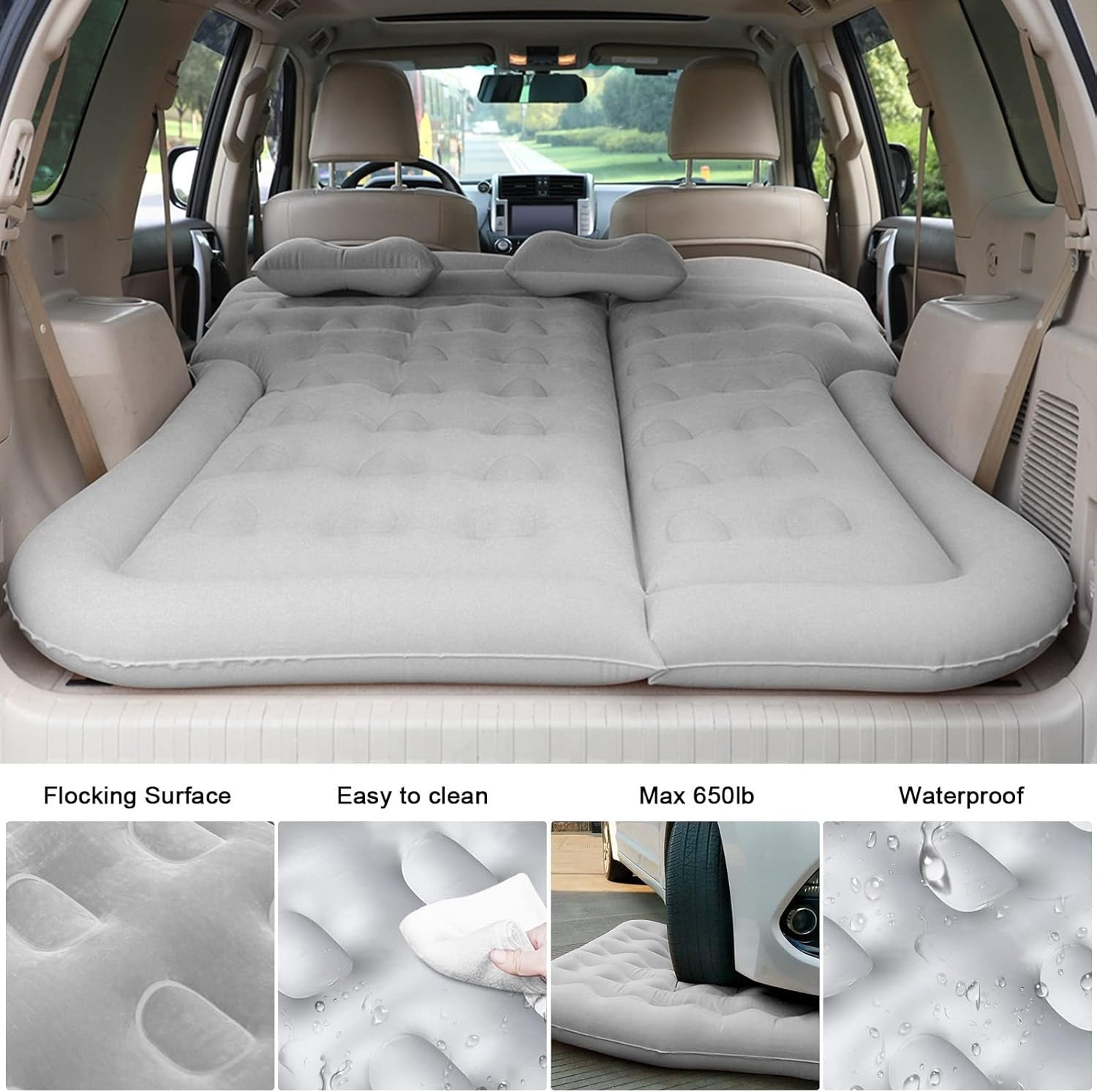 SUV Air Mattress Inflatable Car Bed w/ Pillows & Pump, Grey 175x125x12cm