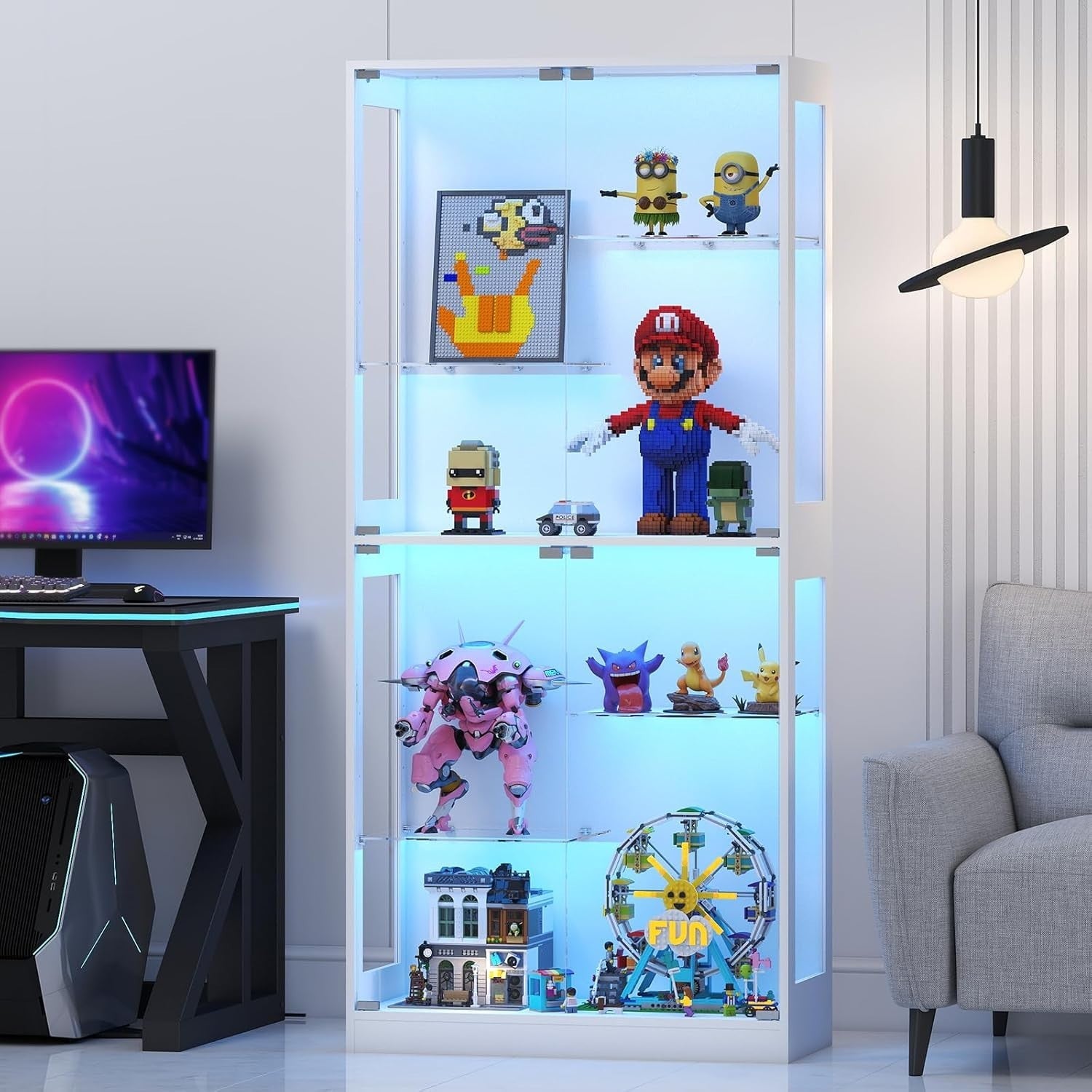 Glass Display Cabinet with RGB LED Lights, Adjustable Shelves & Magnetic Doors