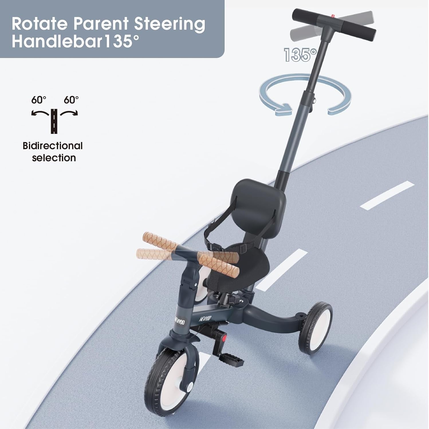 5 in 1 Toddler Tricycle Push Trike Balance Bike w Parent Handle Grey