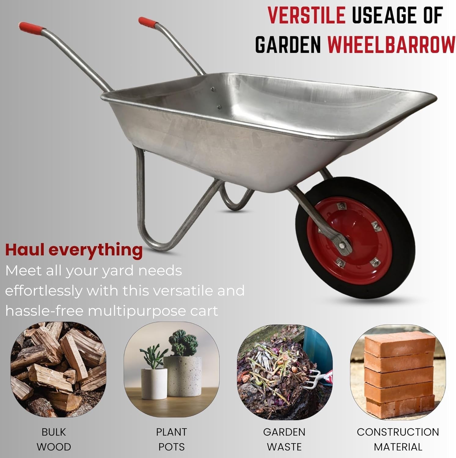 65L Galvanised Garden Wheelbarrow – Puncture Proof Tyre w/ Steel Tray 60kg Load