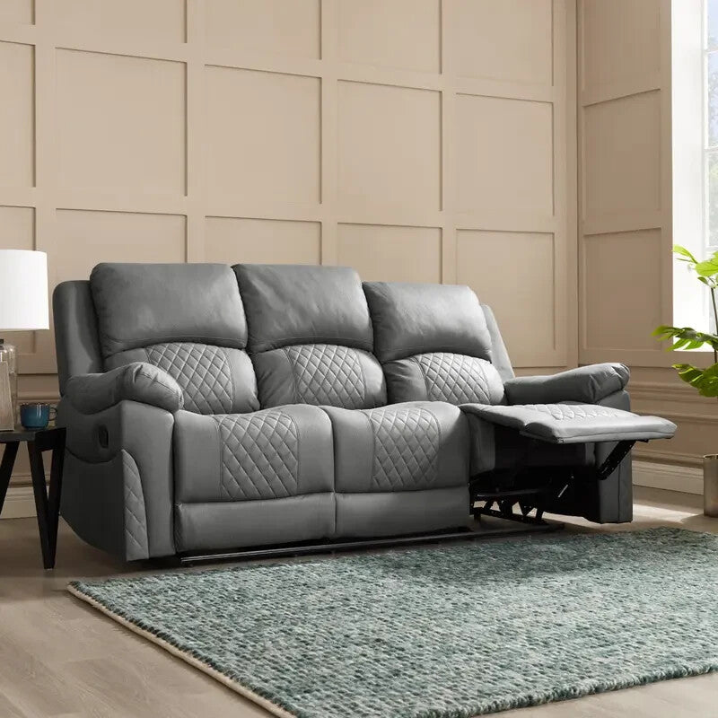 3 Seater Manual Recliner Sofa in Grey Air Leather with Diamond Stitching
