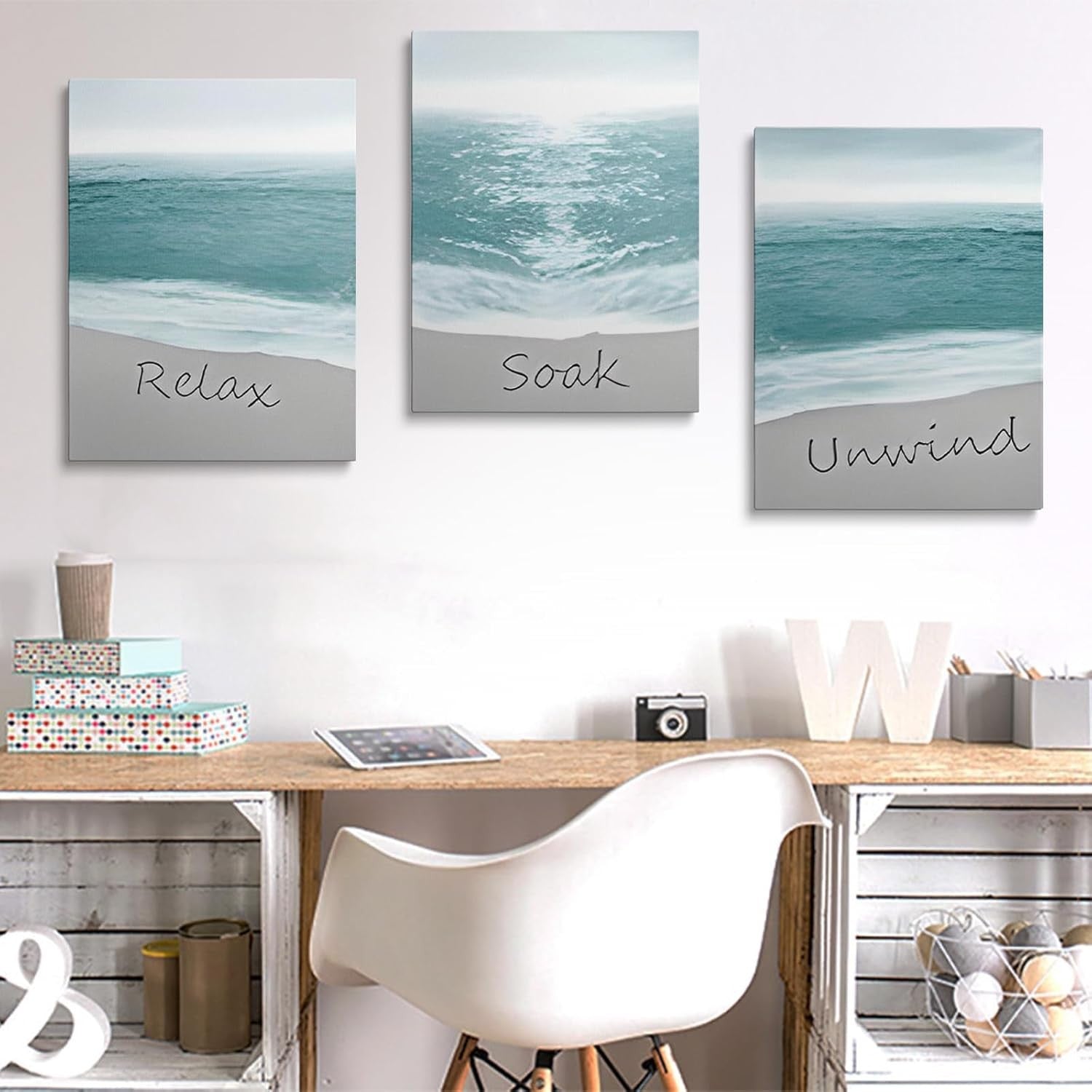Ocean Beach Wall Art Set of 3 Framed Canvas 30x40cm