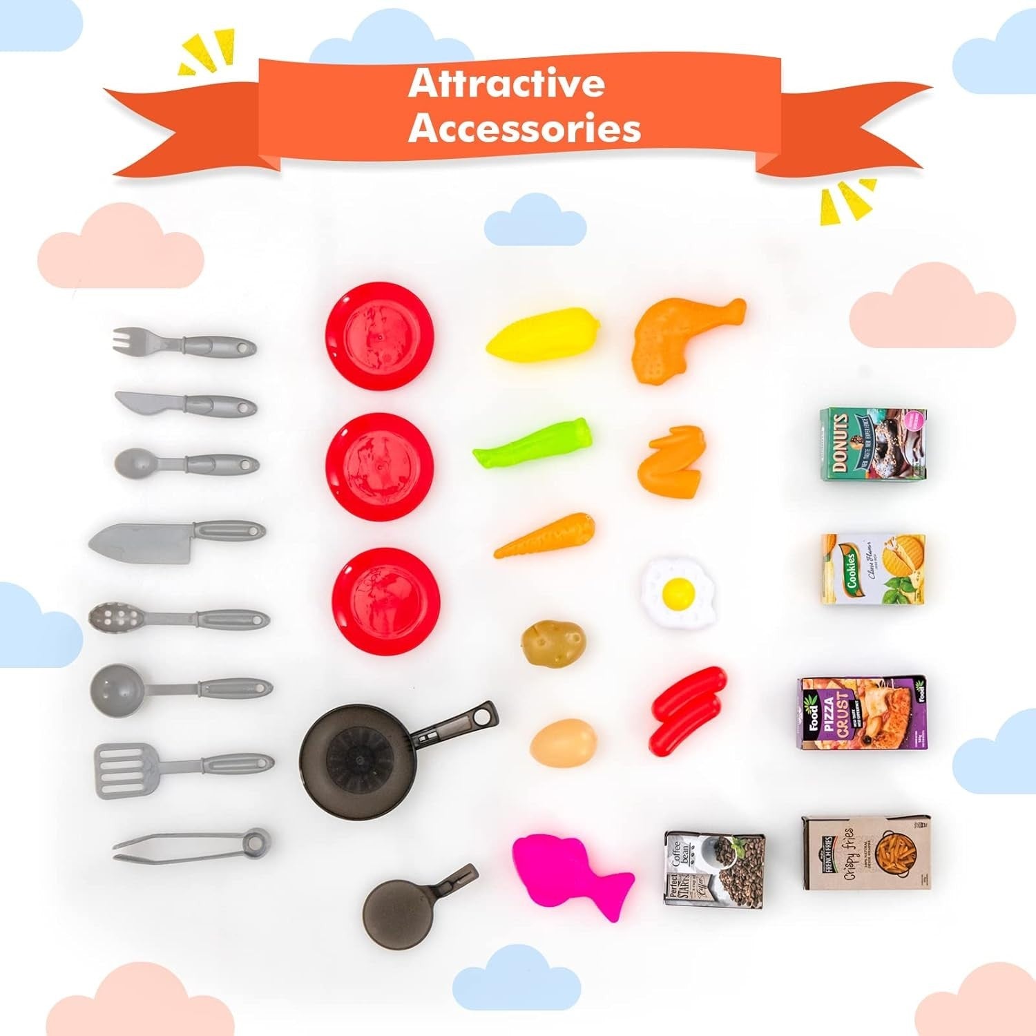 67PCS Kids Play Kitchen Toy Set Lights Sounds Steam Cooking Orange