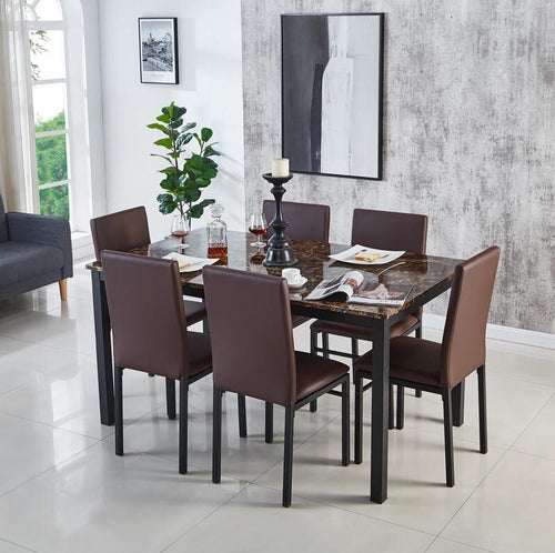 6 Seat Marble Dining Table Set with Faux Leather Chairs in Brown 150cm MDF