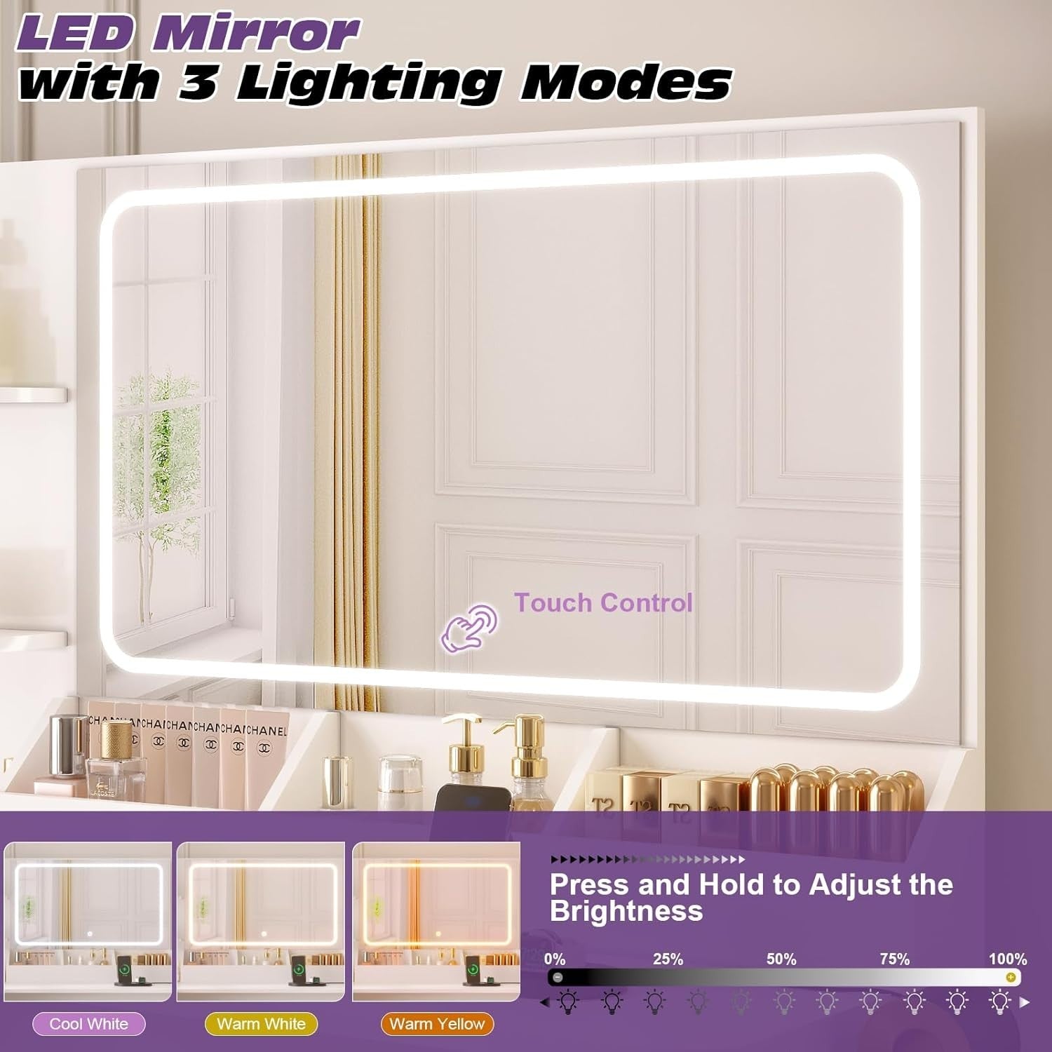 Makeup Vanity Desk Corner L-Shaped Table 5 Drawers LED Light Mirror Modern