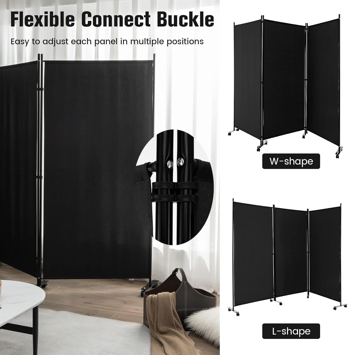 3 Panel Black Folding Room Divider Privacy Screen on Wheels for Home Office Use