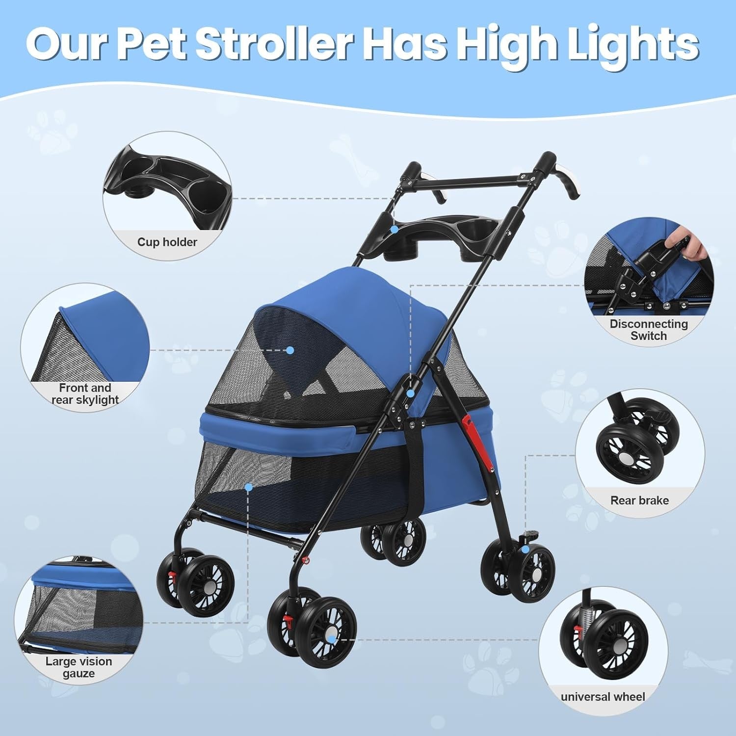 Pet Stroller for Dogs & Cats 4 Wheel Foldable Travel Pram Brake
