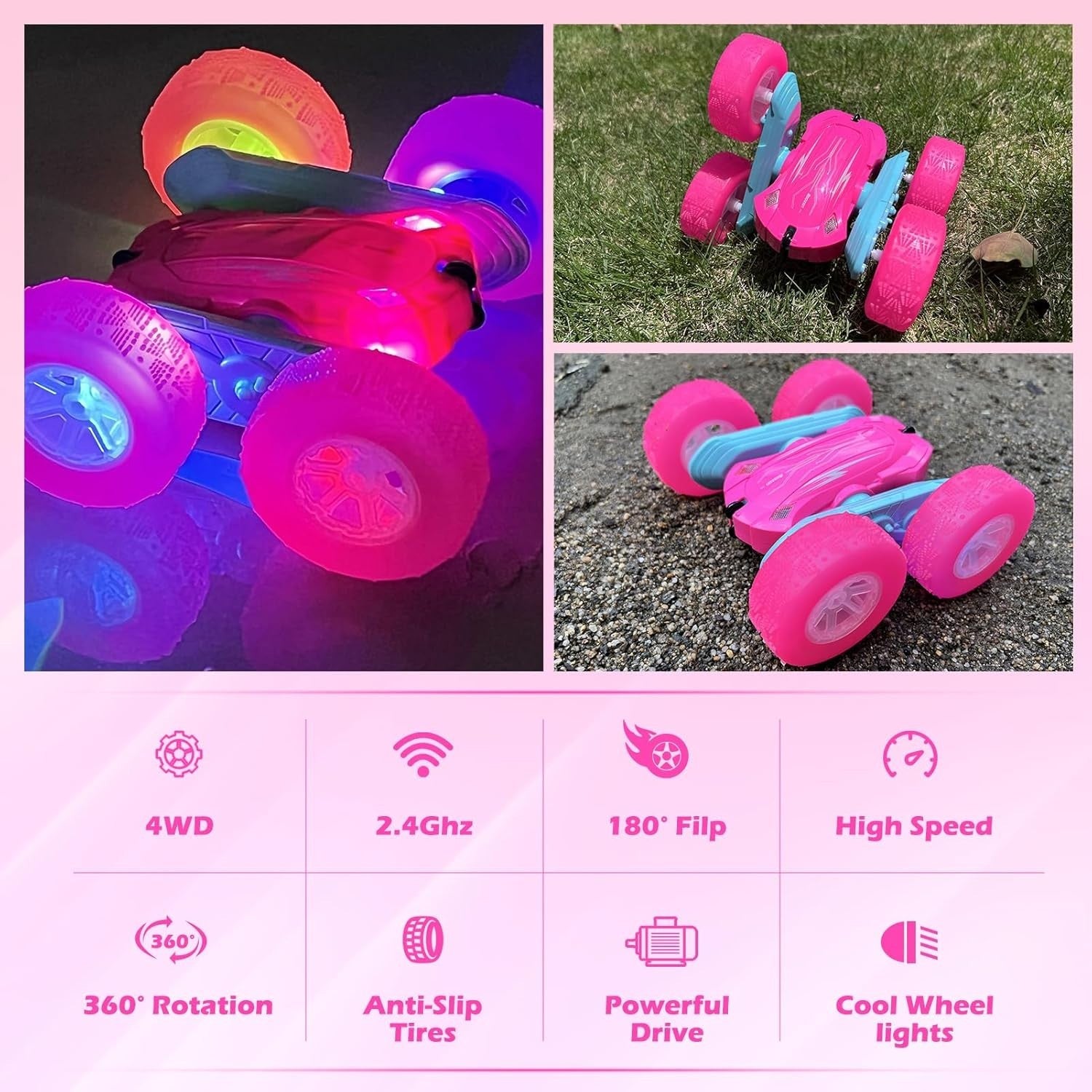 Pink RC Car 4WD 360° Stunt Car with LED Lights Gift for Girls Boys Age 3-12