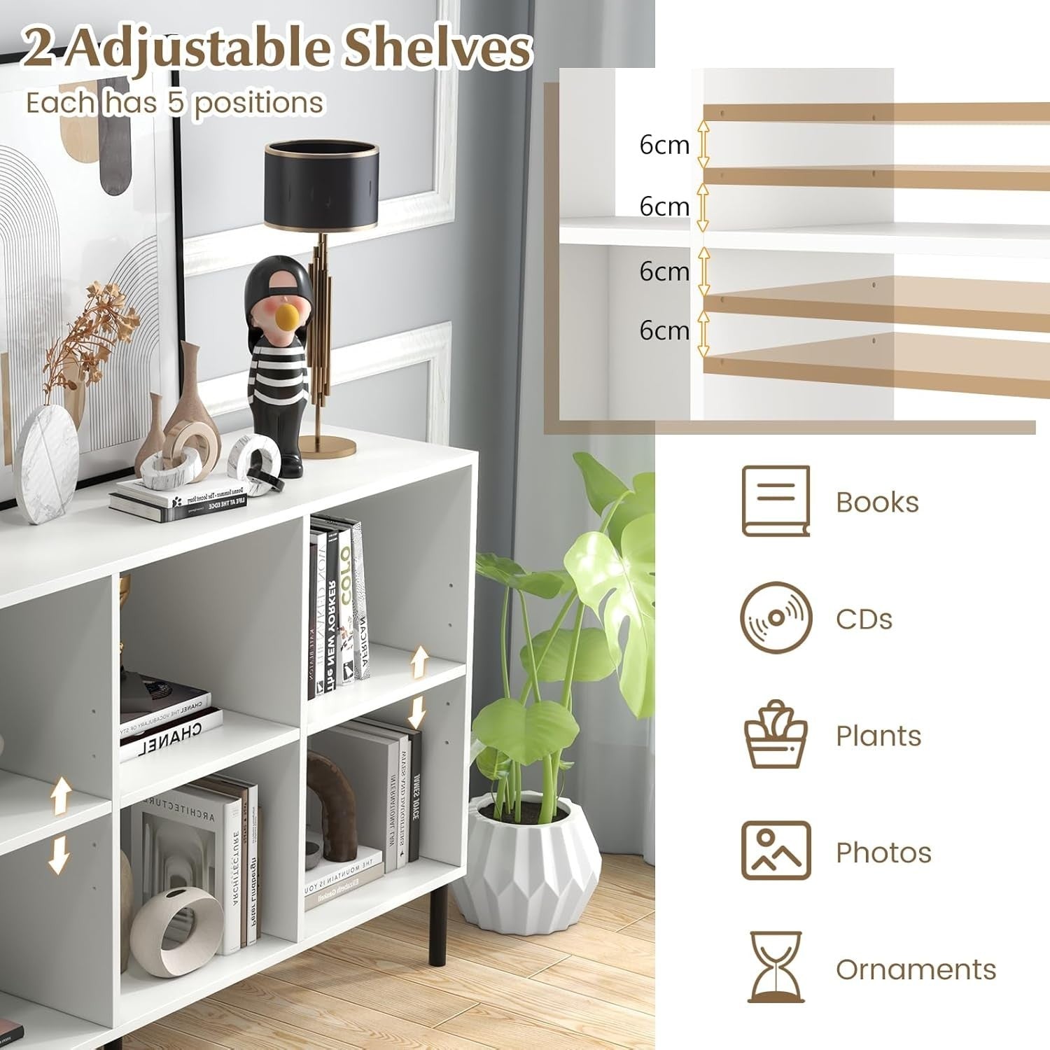 White 6-Cube Adjustable Storage Bookcase with Metal Legs 120x35x78cm