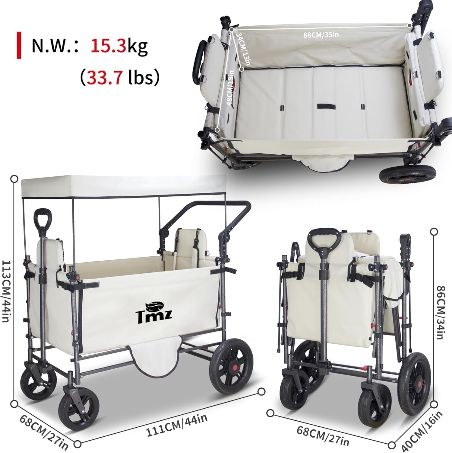 Side-Opening Folding Wagon 120kg Load w/ 2 Seats Canopy Big Wheels Brake Beige